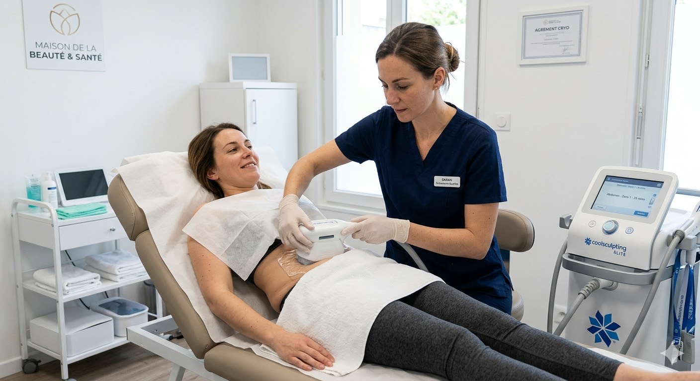 Technicien qualifié appliquant soigneusement un appareil de cryolipolyse sur la zone abdominale d'une cliente dans un environnement clinique.